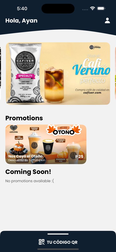 Cafilovers - Pantalla de la aplicación Cafilovers que muestra banners de especialidades de café y promociones de bebidas de temporada