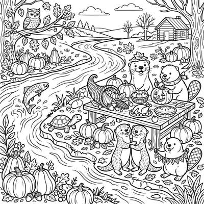 Dive into a heartwarming Thanksgiving scene featuring your favorite river animals enjoying a bountiful harvest feast. This charming coloring page is perfect for celebrating gratitude with a splash of woodland fun.