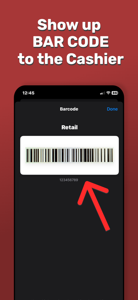 Gift Card Wallet Manager - A digital gift card barcode displayed on a smartphone screen for scanning at a retail checkout counter.