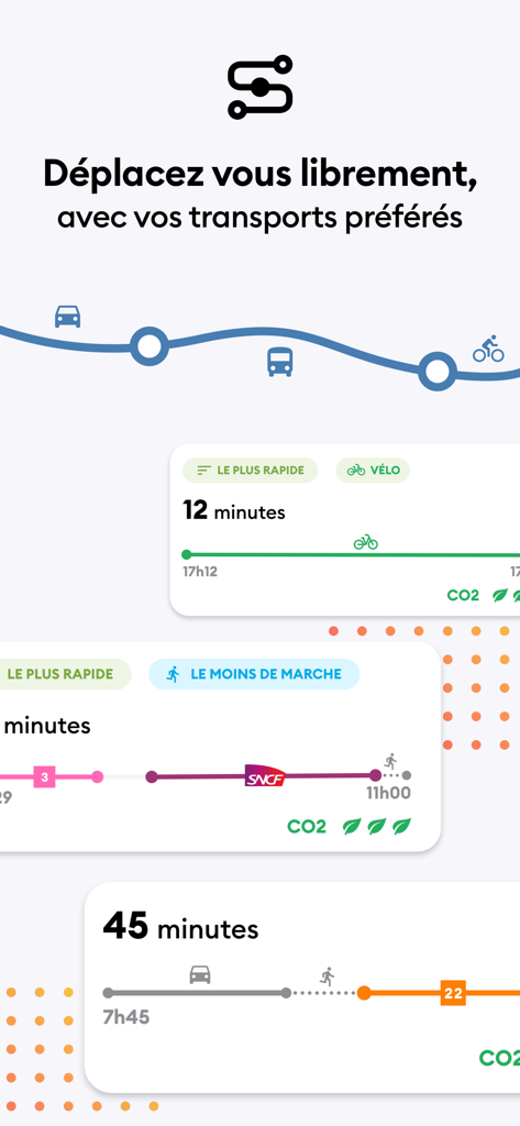 Sète Agglopôle Mobilité - Interface de l'application Sète Agglopôle Mobilité montrant les itinéraires de transport multimodaux pour vélo, train et voiture