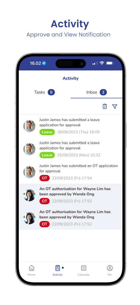 BIPO HRMSアプリのアクティビティ画面。従業員の休暇および時間外勤務申請の通知が表示されます。