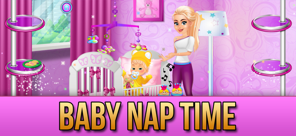 A mommy character standing next to a baby sleeping in a pink nursery crib for nap time