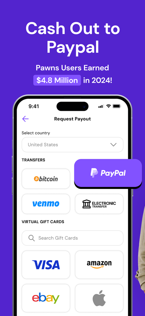 Pawns app payout interface showing cash out options for PayPal Venmo and Amazon gift cards