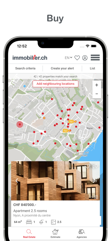 A smartphone screen displaying the immobilier.ch app with a map search interface for apartments to buy in Nyon, Switzerland.