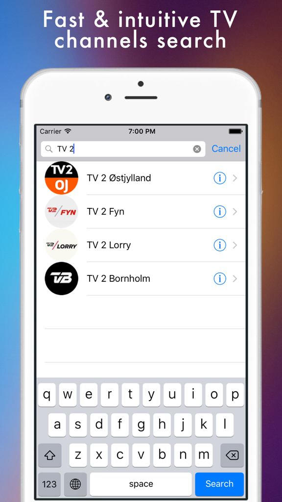 Dansk TV - Danske fjernsyn nettet - A search screen in the Dansk TV app displaying a list of regional Danish TV channels including TV 2 Ostjylland and TV 2 Fyn.