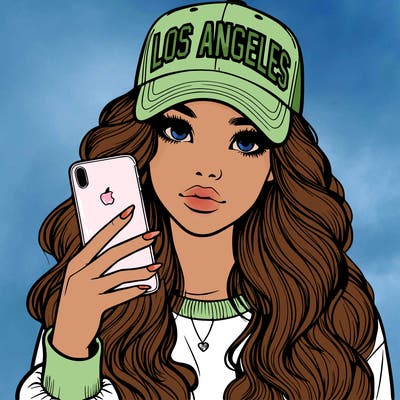 realistic beautiful girl wearing los ángeles cap holding an iphone