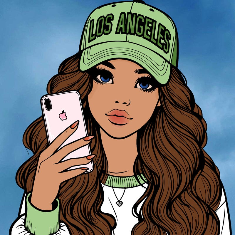 realistic beautiful girl wearing los ángeles cap holding an iphone