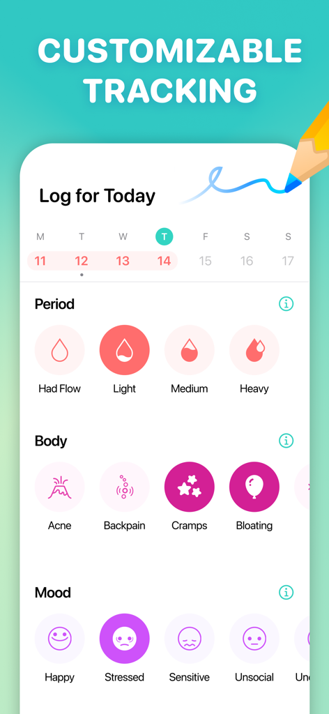 Cycles: Period & Cycle Tracker - Interface of Cycles app showing customizable tracking for period flow body symptoms and mood