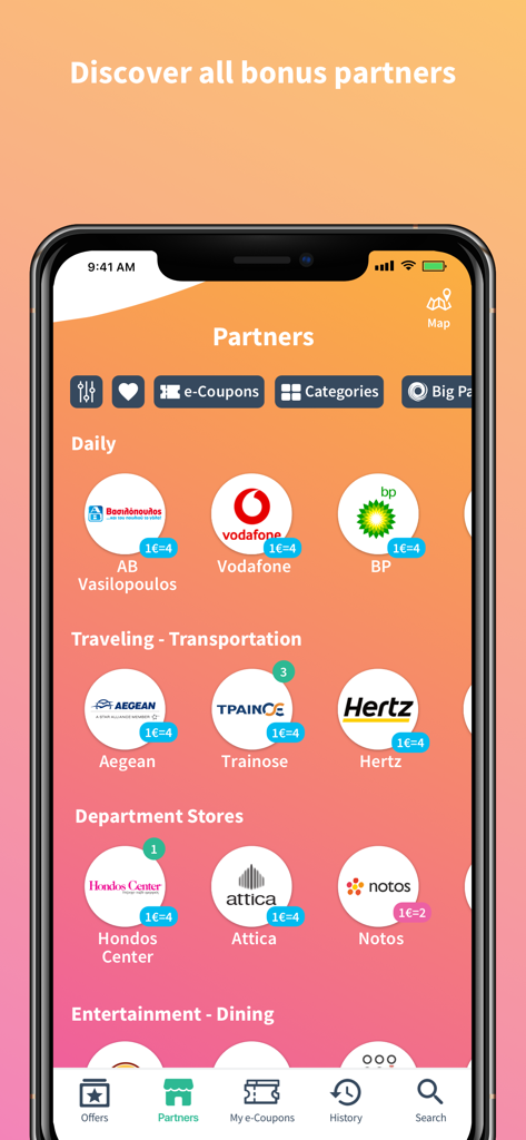 A mobile screen from the Bonus by Alpha Bank app displaying a directory of partner merchants and their loyalty point reward rates
