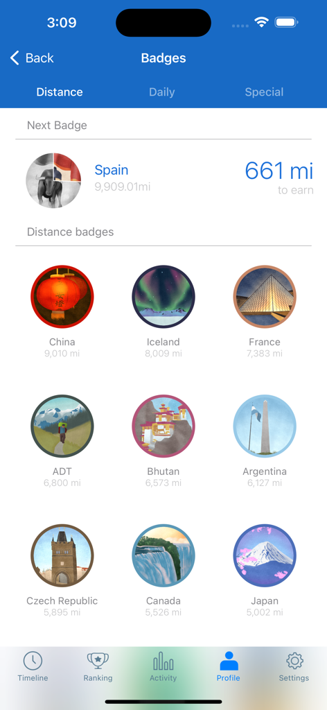 Outwalk - Outwalk app distance badges screen showing travel themed milestones for walking