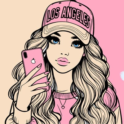 realistic beautiful girl wearing los ángeles cap holding an iphone