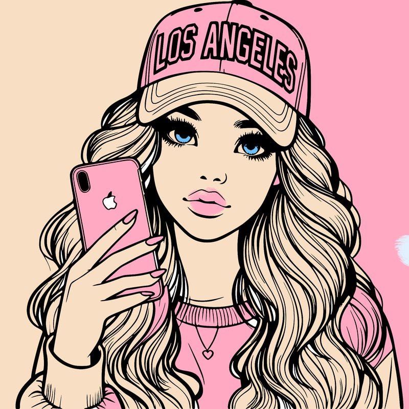 realistic beautiful girl wearing los ángeles cap holding an iphone