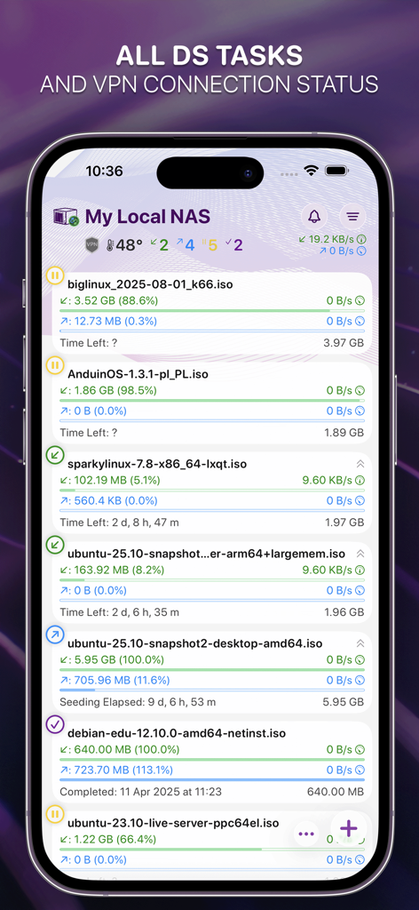 NASDL Manager - NASDL Manager app interface showing active download tasks and NAS system status on iPhone