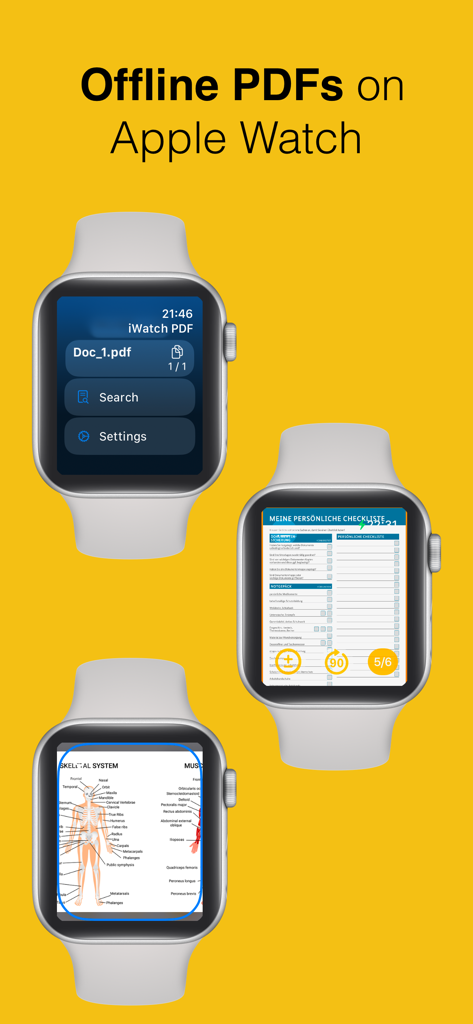 PDF Watch Reader: Watch PDF - Three Apple Watch devices showing a PDF file list a checklist and a skeletal system diagram