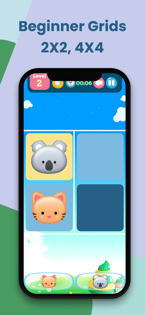 A 2x2 beginner Sudoku grid for kids featuring cute animal characters like a koala and a cat