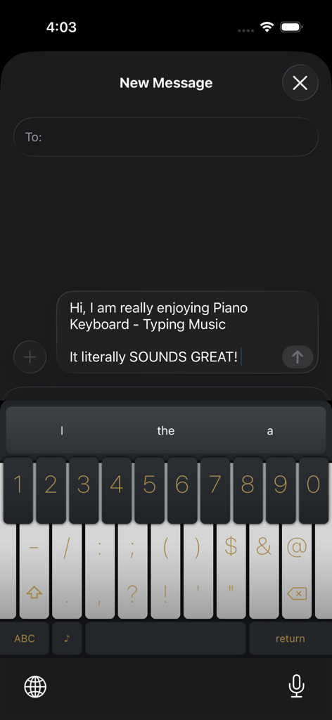 Piano Keyboard - Typing Music - Custom piano-themed keyboard used for typing messages in an iOS app
