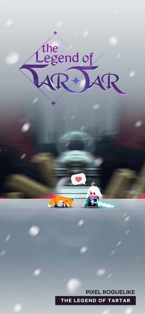 Title screen of The Legend of Tartar featuring a pixel art hero with a glowing sword and a fox companion in a snowy landscape