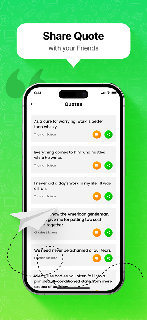 Direct Message Click to Chat - Una interfaz de aplicación móvil que muestra una lista de citas inspiradoras con botones para copiarlas y compartirlas