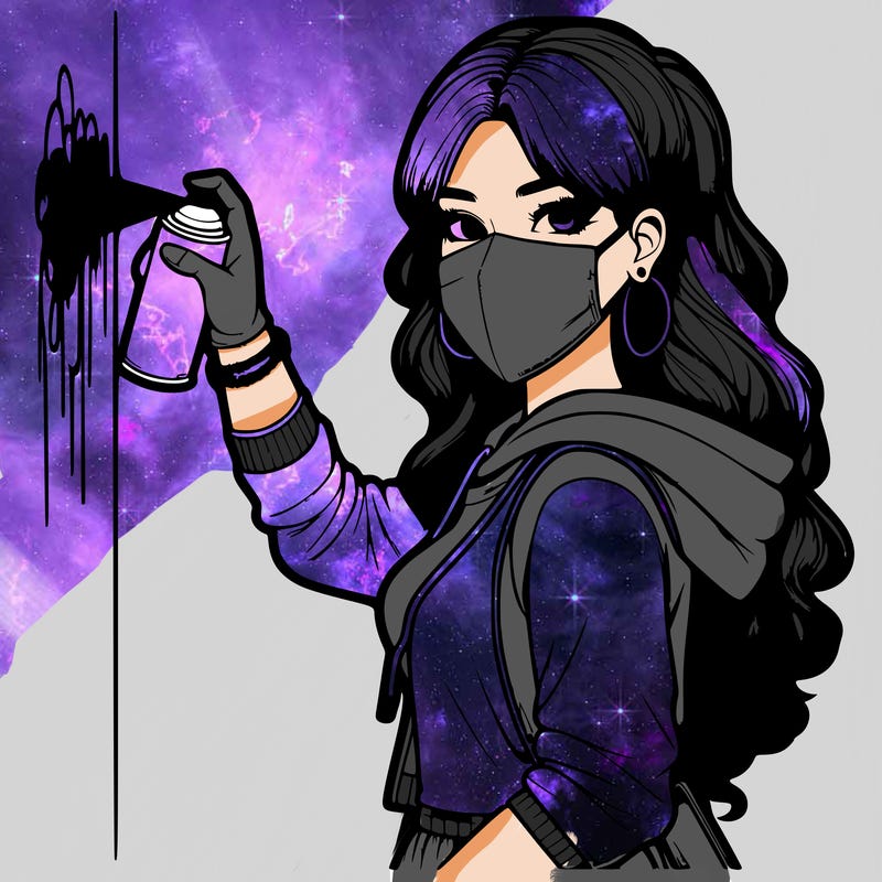 realistic girl with mask spray painting a wall