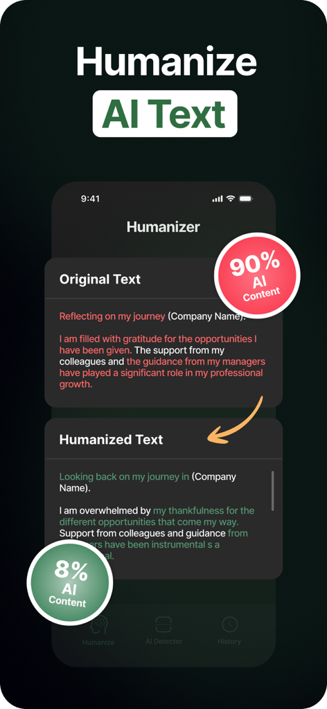 GTPZero: AI Detector Humanizer - GTPZero app interface showing how it transforms ninety percent AI content into eight percent humanized text