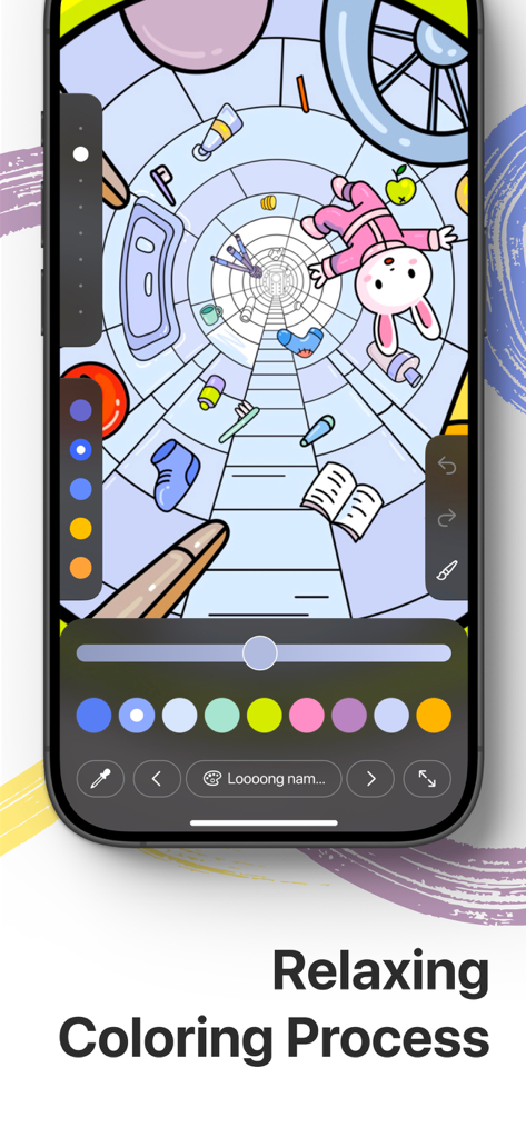 Infinity Coloring Book: Infini - 無限ズームイラストとクリエイティブツールを示す、Infini塗り絵アプリのインターフェース。