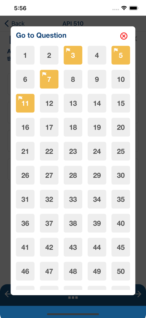 API 570 Helpmate - A navigation grid showing question numbers one through fifty with several flagged items highlighted in yellow