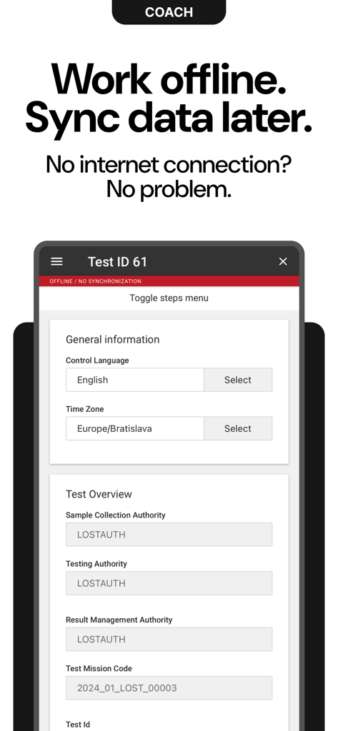 MODOC App Coach screen showing offline test data entry and synchronization options