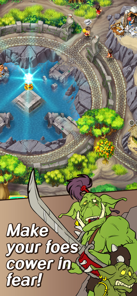 Kingdom Chronicles 2 HD - Top down view of village management in Kingdom Chronicles 2 with a cartoon orc