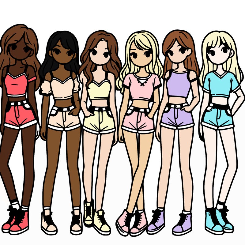 a group of girls wearing crop tops and shorts