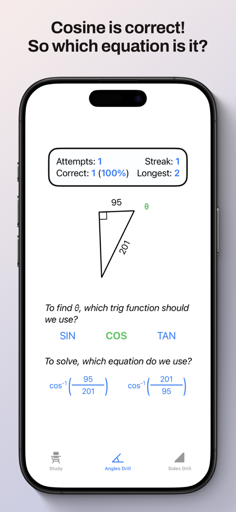 SOH CAH TOA - A trigonometry angle drill screen showing a right triangle problem and equation selection