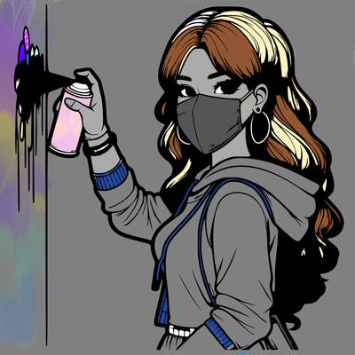 realistic girl with mask spray painting a wall