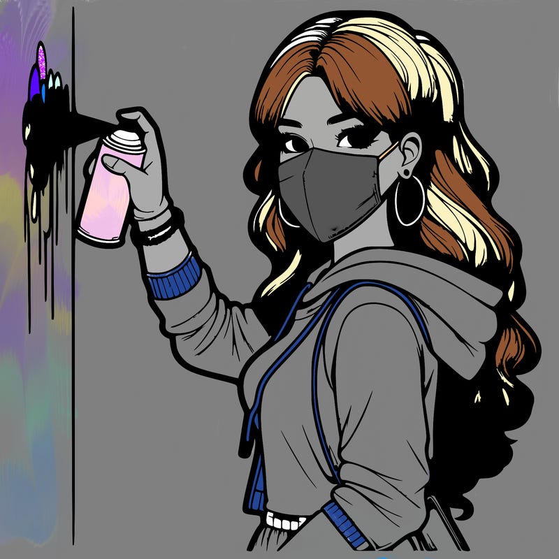 realistic girl with mask spray painting a wall