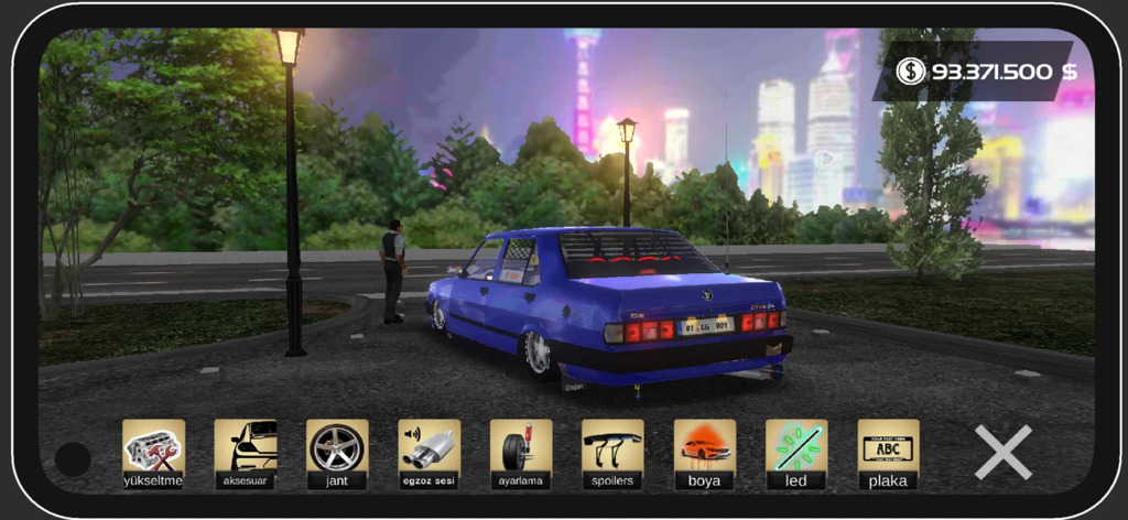 A blue Tofas Dogan car being customized in the modification menu of Dogan Simulator 2