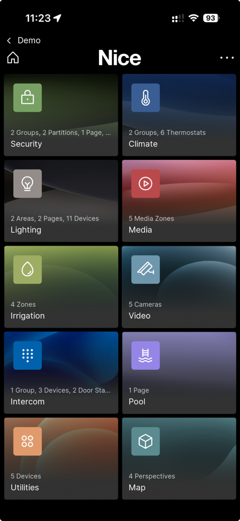 Nice Mobile Viewer - Nice Mobile Viewer app dashboard showing smart home control categories like security climate and lighting