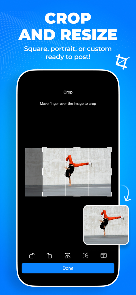 Video to Pic - Interfaz de la aplicación Video to Pic mostrando la función de recorte y redimensionamiento para una foto extraída de un video