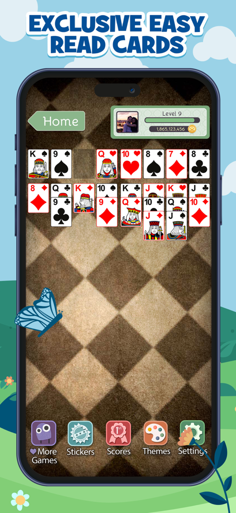 Captura de pantalla móvil de FreeCell Deluxe Social con cartas grandes de fácil lectura y un tablero de solitario clásico