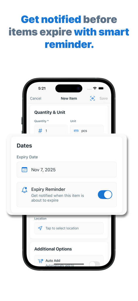 Pantry Inventory - Panzy - Interfaz de la aplicación Panzy que muestra la configuración de las fechas de caducidad de los alimentos y las notificaciones inteligentes