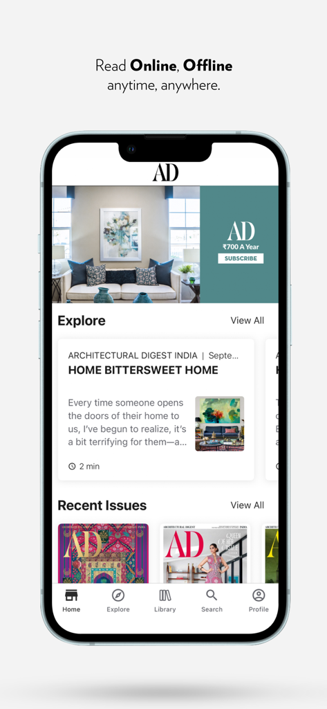 Architectural Digest India - Architectural Digest India app interface displaying high-end interior design content and digital magazine editions.
