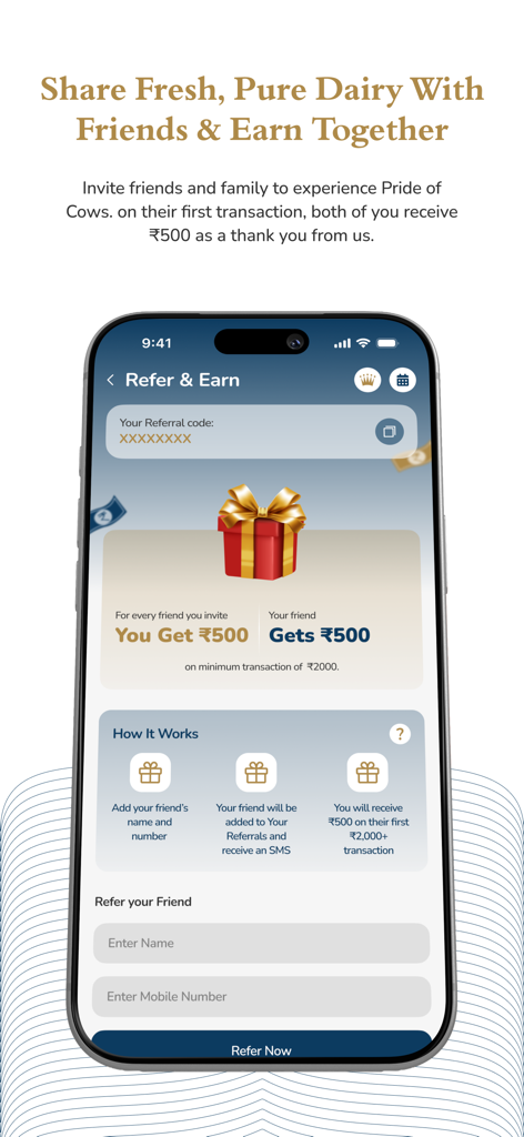 Pride of Cows - The Refer and Earn screen of the Pride of Cows app showing rewards for inviting friends to the dairy service