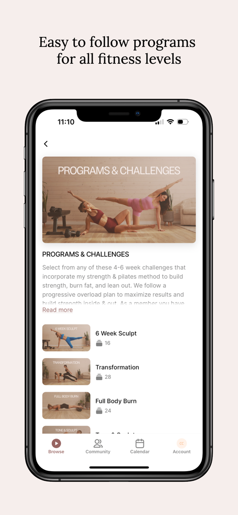 Fit with Coco - Fit with Coco App-Bildschirm, der verschiedene Trainingsprogramme und Herausforderungen für verschiedene Fitnessstufen anzeigt