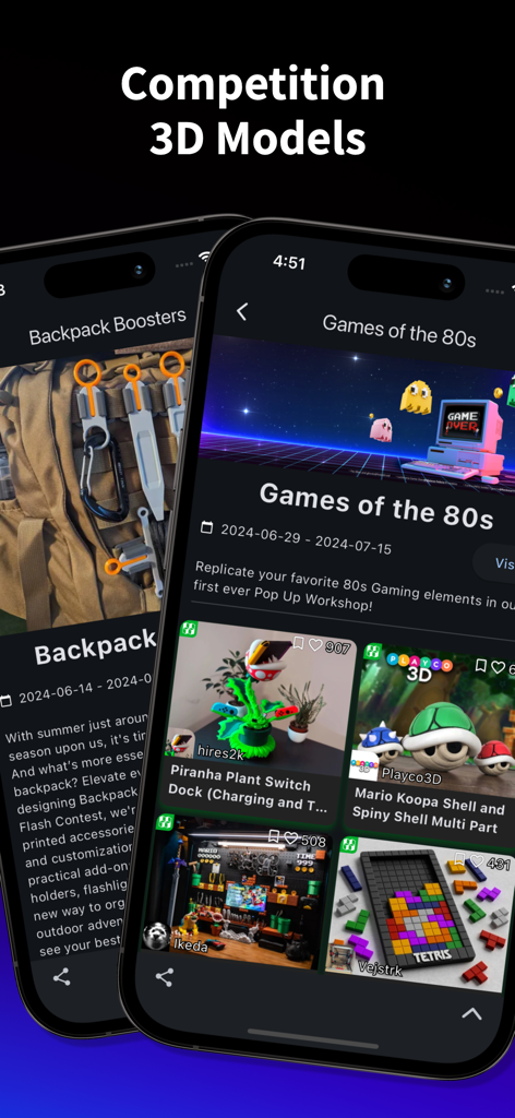 Interfaccia mobile dell'app 3Drop che mostra le competizioni di design di stampa 3D come Games of the 80s e Backpack Boosters