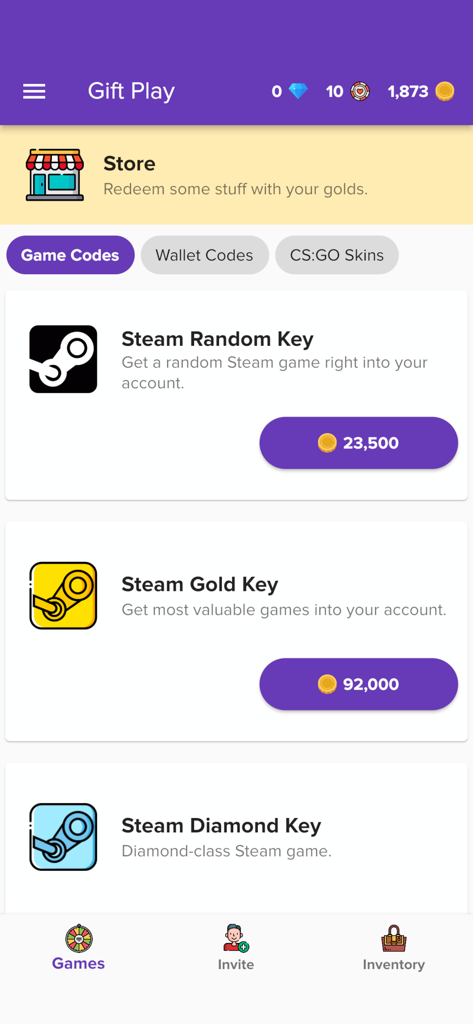 Gift Play - Earn Gift Cards - Interfaz de la tienda de la aplicación Gift Play mostrando varias llaves de juegos de Steam disponibles para canjear usando monedas de oro.