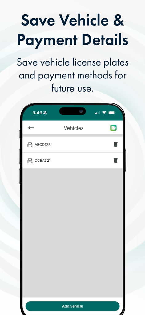 Parkedin™ - Interfaz de la aplicación Parkedin que muestra una lista de matrículas guardadas y un botón para añadir vehículo