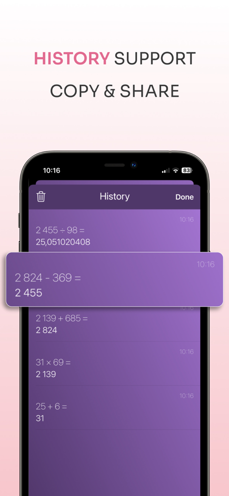 A mobile interface of the Calculator X app displaying a list of previous calculations in the history tab with options to copy and share.