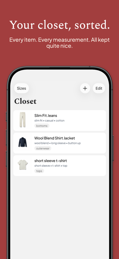 Shoppy - Fashion Search - Pantalla de la aplicación móvil que muestra un armario digital con artículos de ropa organizados como jeans y chaquetas categorizados por tipo