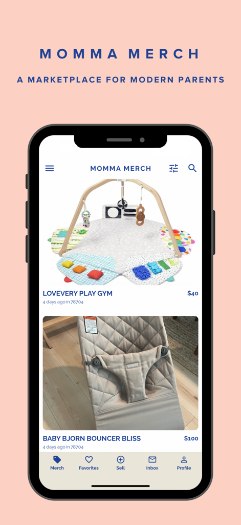 A mobile app screen for Momma Merch showing a marketplace feed with a Lovevery play gym and a Baby Bjorn bouncer for sale.