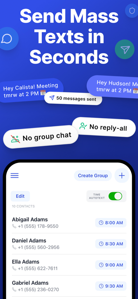 Quick Send: Mass Text Message - Quick Send app interface showing mass texting features with personalized messages and a contact list with scheduled times