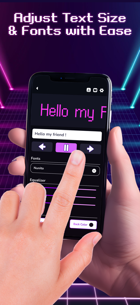 LED Banner: LED Scroller Text - Interfaz de la aplicación Banner LED mostrando opciones para ajustar el tamaño del texto y seleccionar diferentes fuentes para una pantalla de desplazamiento digital.