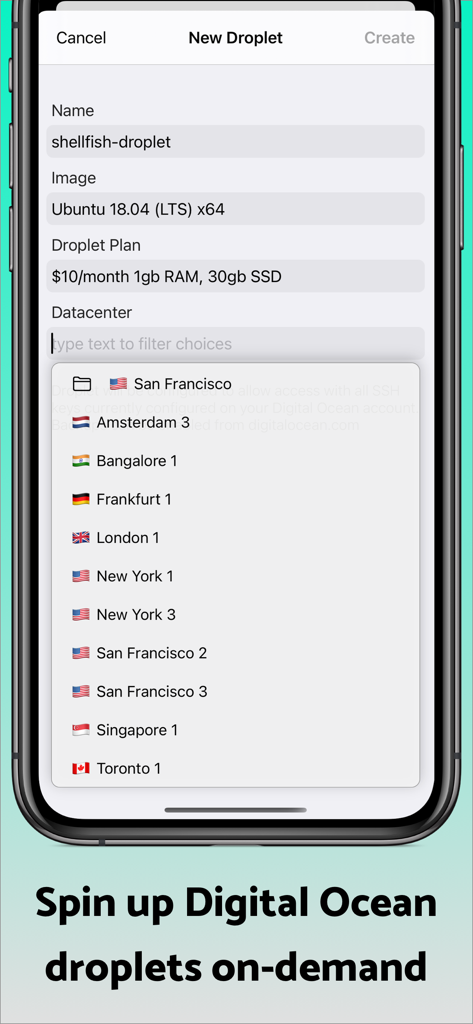 Secure ShellFish app interface for creating a new Digital Ocean droplet server