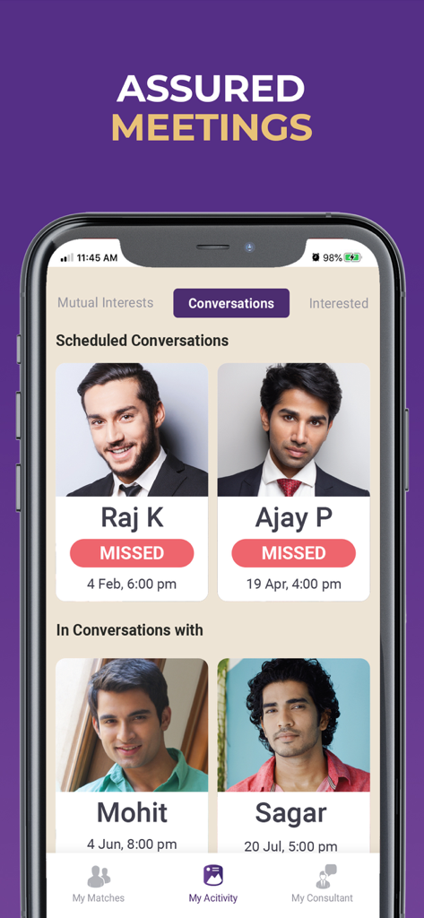 VIPShaadi app interface displaying scheduled and active conversations with premium matrimonial matches
